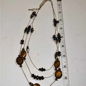 Layered Beaded Necklace‎ Gold Tone Brown Faceted Oval Pendant Choker Chain